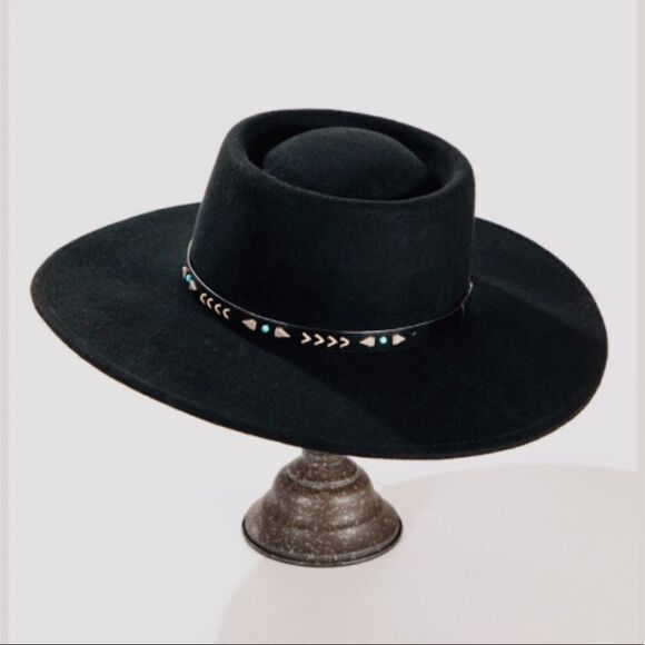 Navajo Inspired Bohemian Wool Boater Hat in BLACK - Picture 7 of 16